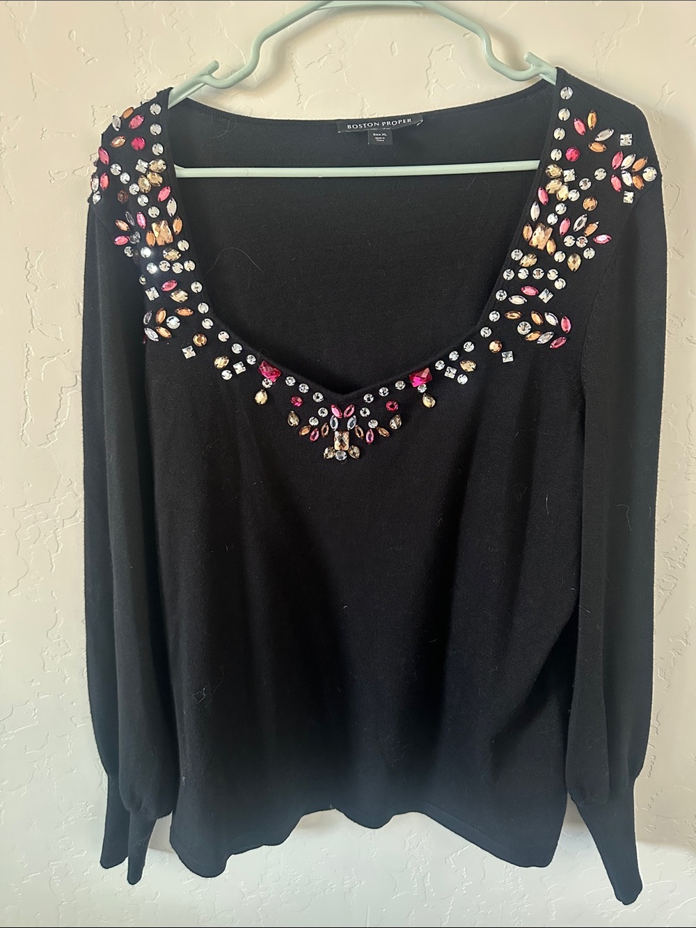 Boston Proper Black Sweater with Multicolor Jewel Embellishment